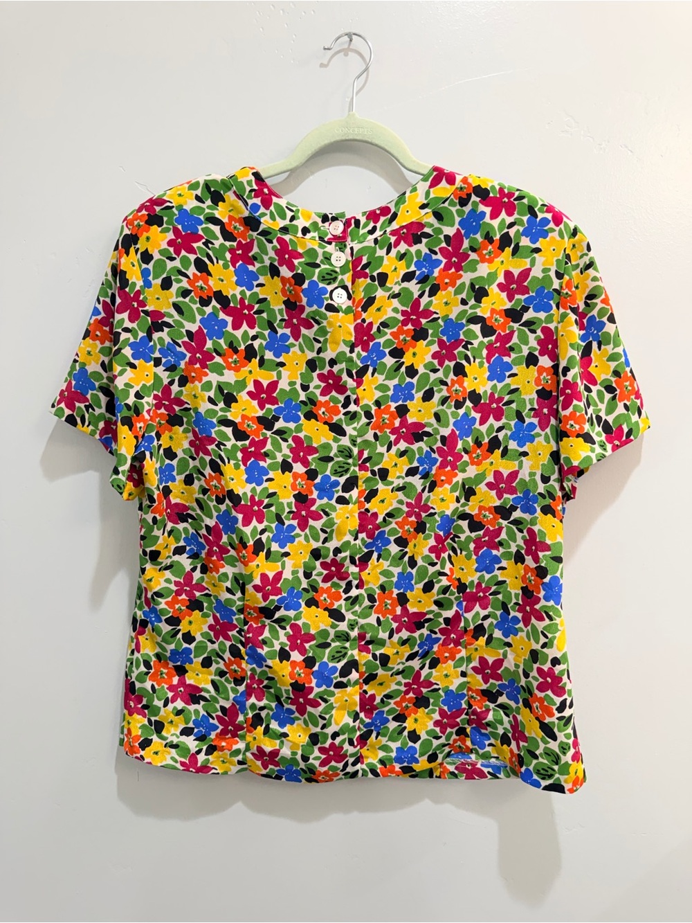 Vintage 80s Counterparts Floral Short Sleeve Blouse Bold Bright Button Back 16 - Picture 8 of 12